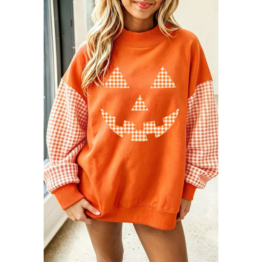 Plaid Sleeve Halloween Pumpkin Face Graphic Sweatshirt Orange / S Apparel and Accessories