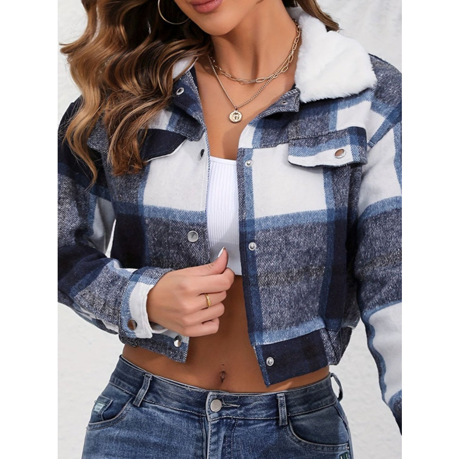 Plaid Snap Down Collared Neck Cropped Jacket Apparel and Accessories