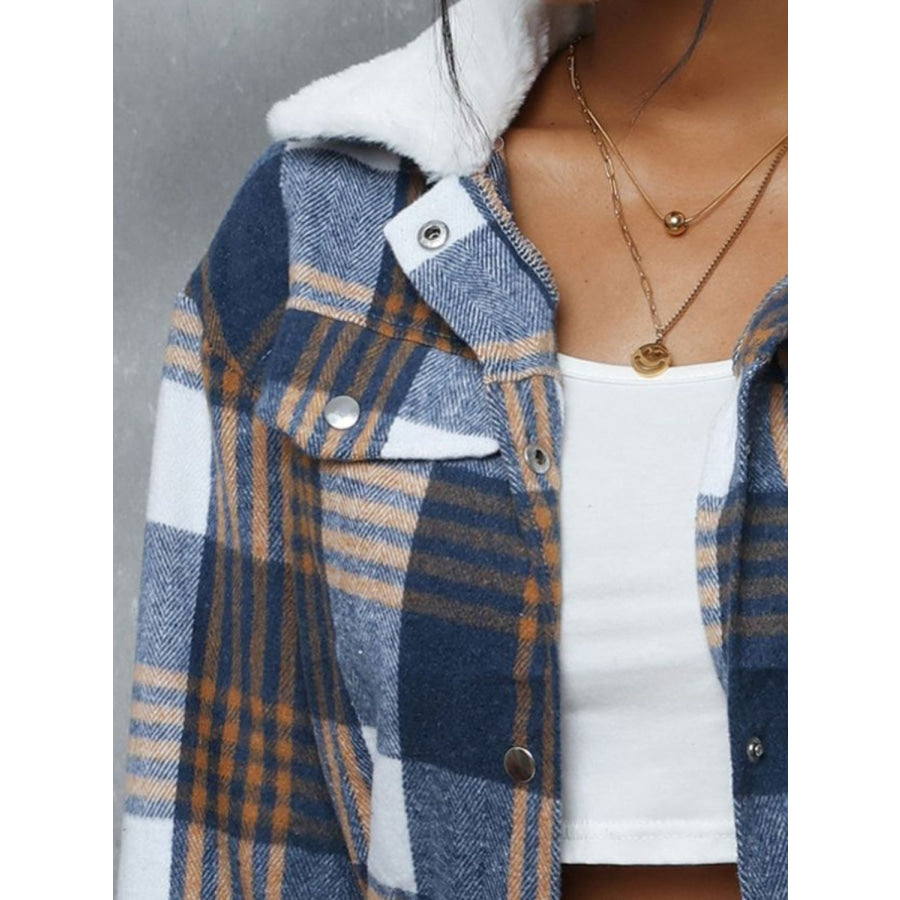 Plaid Snap Down Collared Neck Cropped Jacket Apparel and Accessories