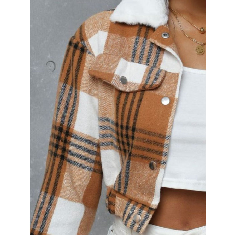 Plaid Snap Down Collared Neck Cropped Jacket Apparel and Accessories