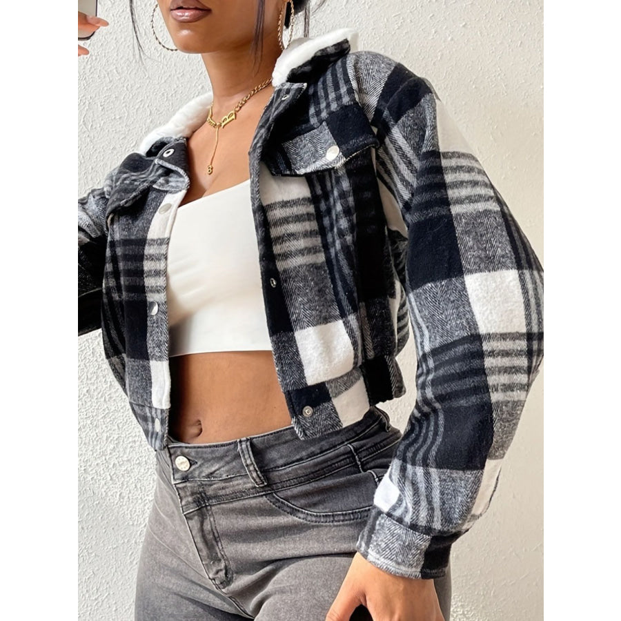 Plaid Snap Down Collared Neck Cropped Jacket Apparel and Accessories