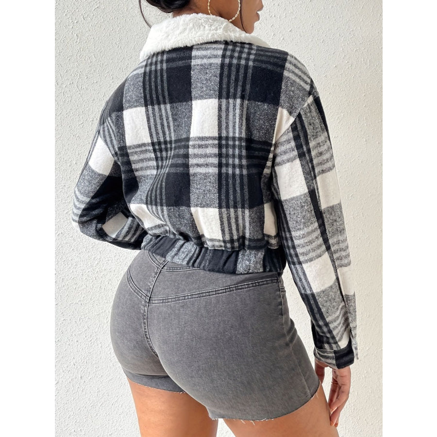 Plaid Snap Down Collared Neck Cropped Jacket Apparel and Accessories