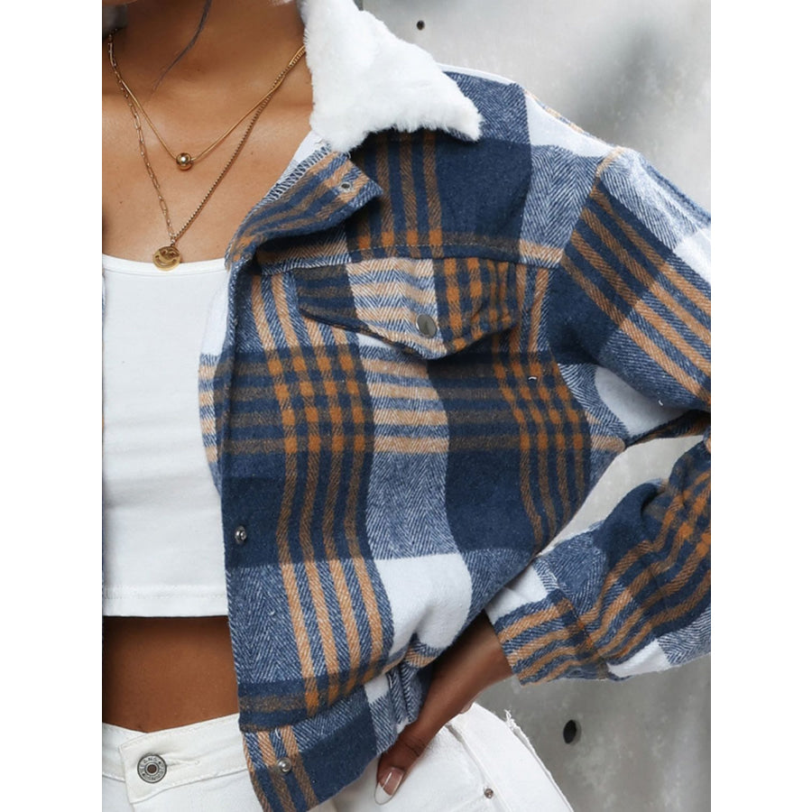 Plaid Snap Down Collared Neck Cropped Jacket Apparel and Accessories