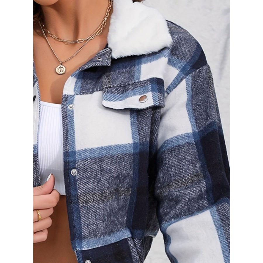 Plaid Snap Down Collared Neck Cropped Jacket Apparel and Accessories