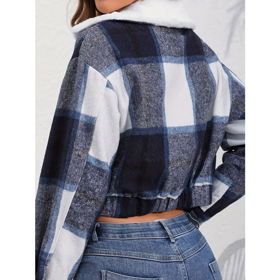 Plaid Snap Down Collared Neck Cropped Jacket Apparel and Accessories