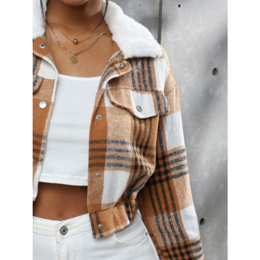 Plaid Snap Down Collared Neck Cropped Jacket Apparel and Accessories