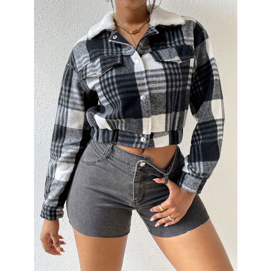 Plaid Snap Down Collared Neck Cropped Jacket Black / S Apparel and Accessories