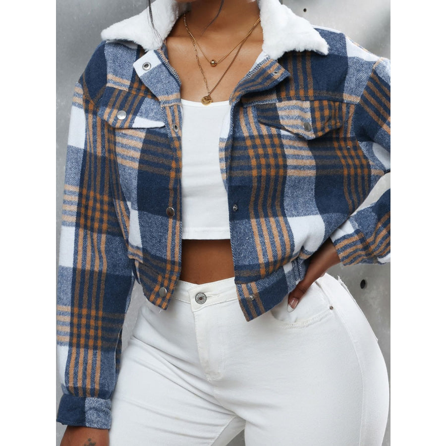 Plaid Snap Down Collared Neck Cropped Jacket Blue/Orange / S Apparel and Accessories