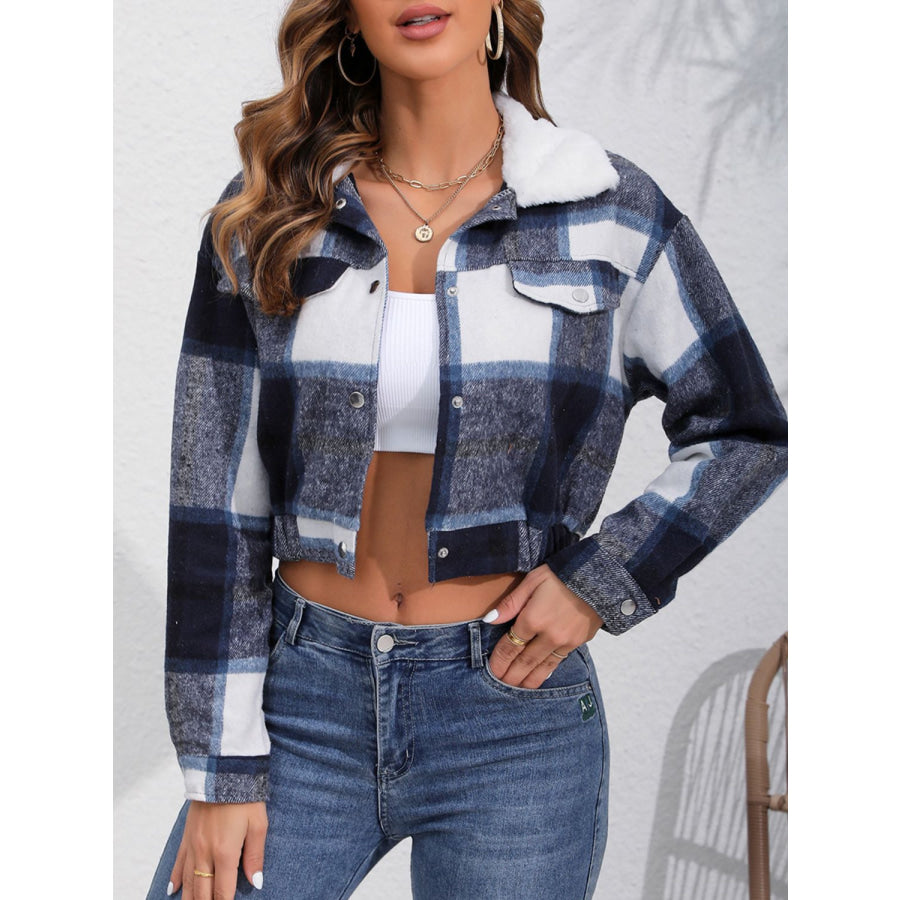 Plaid Snap Down Collared Neck Cropped Jacket Blue/White / S Apparel and Accessories