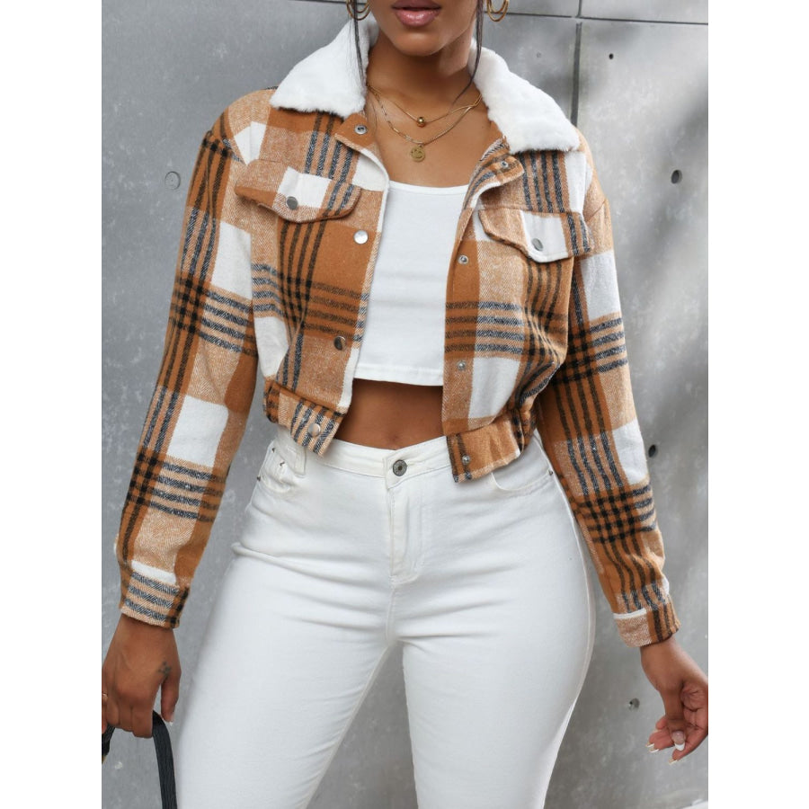 Plaid Snap Down Collared Neck Cropped Jacket Tan / S Apparel and Accessories