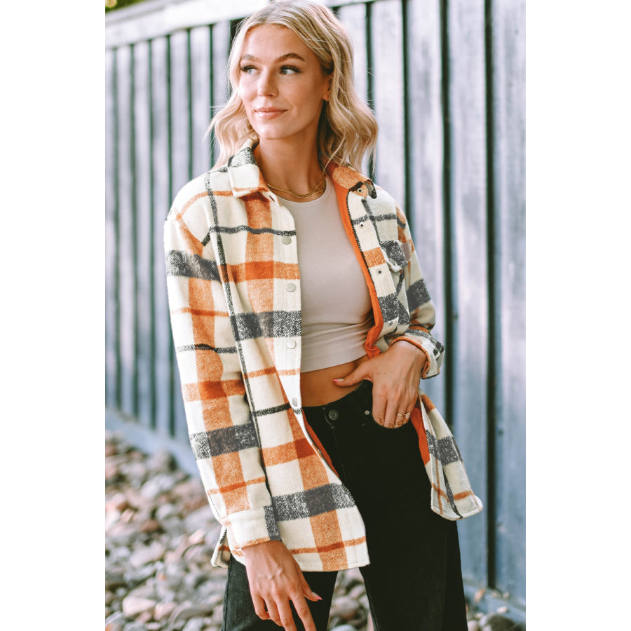 Plaid Snap Down Collared Neck Shacket Apparel and Accessories