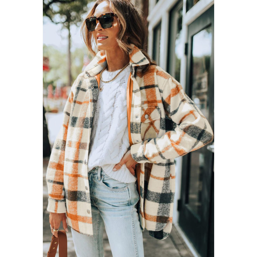 Plaid Snap Down Collared Neck Shacket Apparel and Accessories