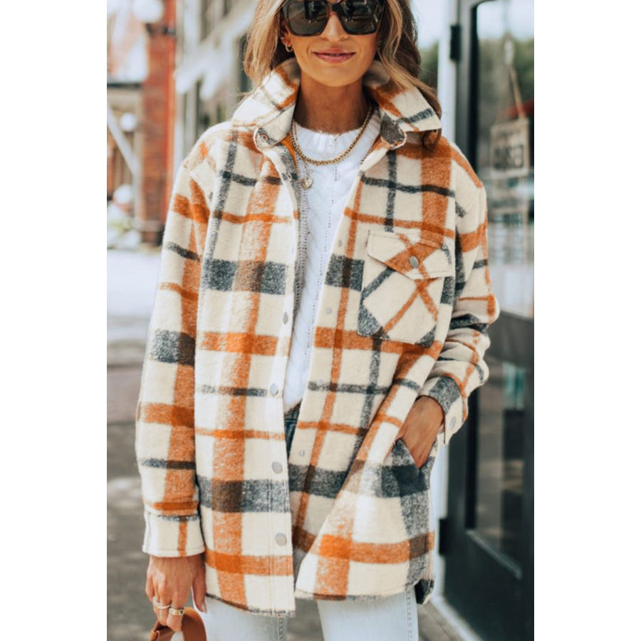 Plaid Snap Down Collared Neck Shacket Apparel and Accessories