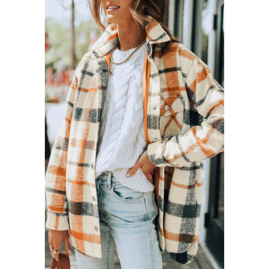 Plaid Snap Down Collared Neck Shacket Plaid / S Apparel and Accessories