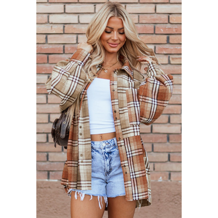 Plaid Snap Down Dropped Shoulder Shacket Apparel and Accessories