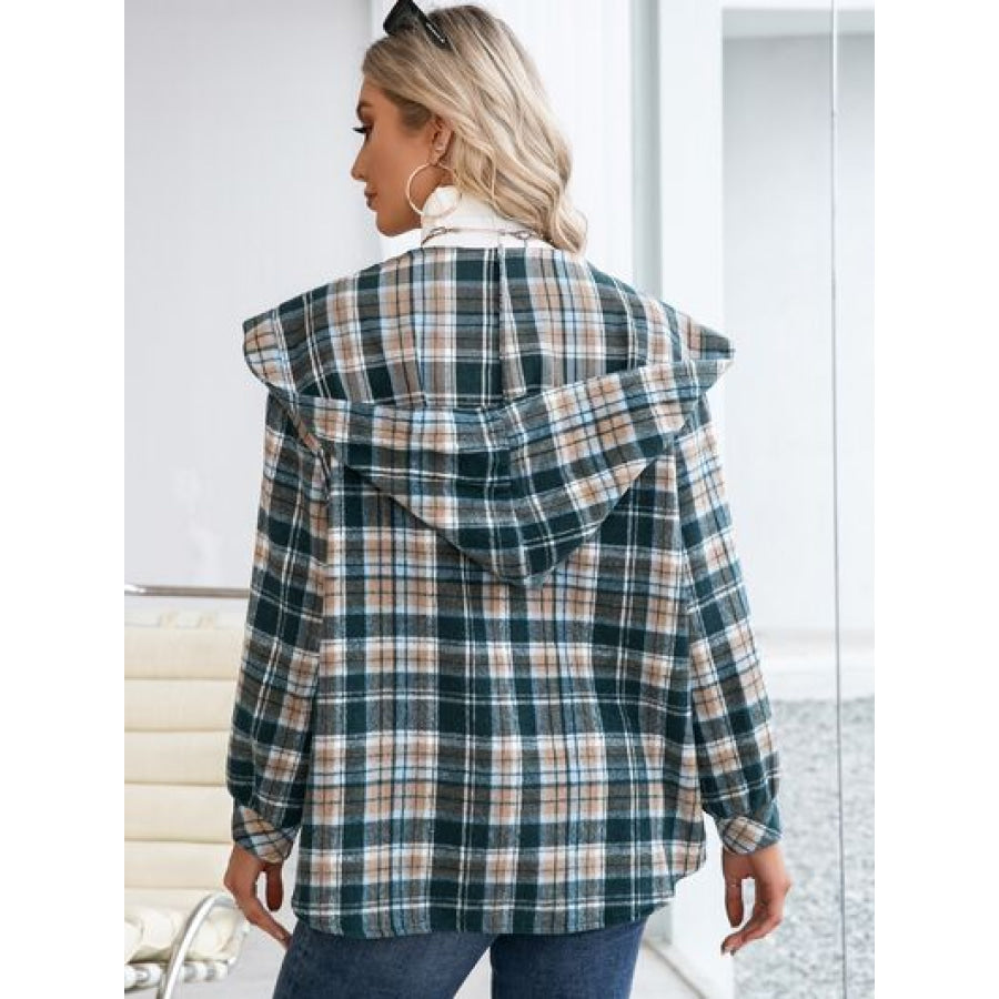 Plaid Snap Down Hooded Jacket Apparel and Accessories