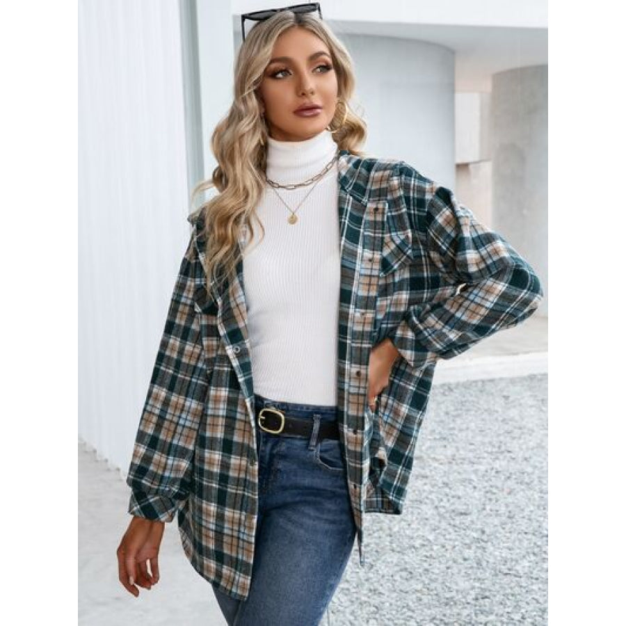 Plaid Snap Down Hooded Jacket Apparel and Accessories