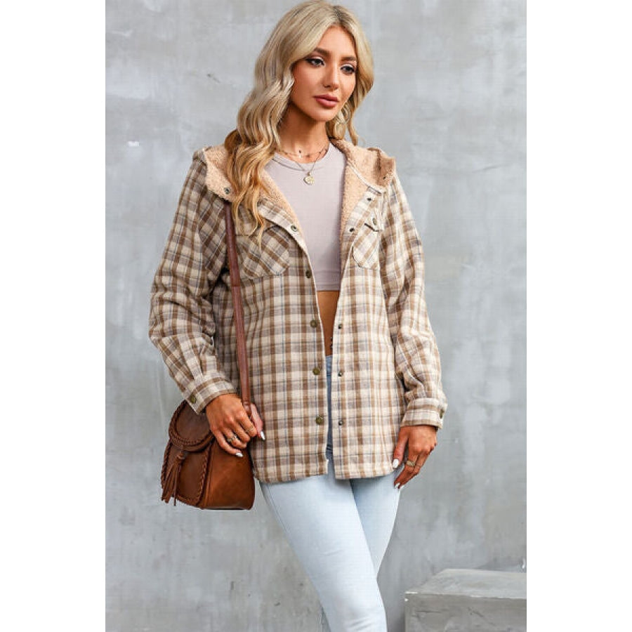 Plaid Snap Down Hooded Jacket Beige / S Clothing