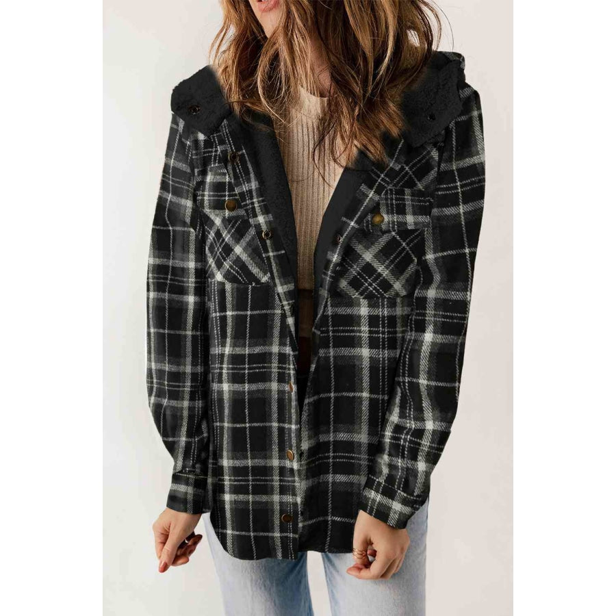 Plaid Snap Down Hooded Jacket Black / S Clothing