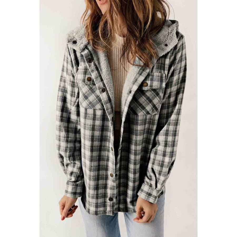 Plaid Snap Down Hooded Jacket Charcoal / S Clothing