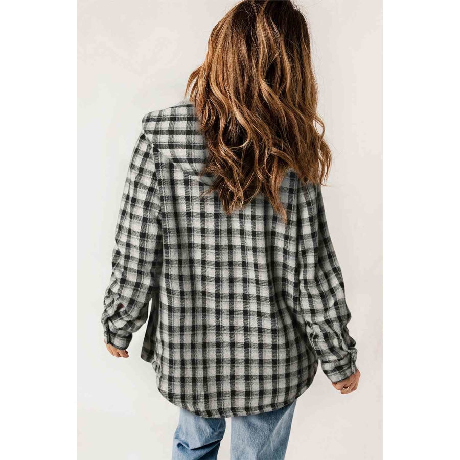 Plaid Snap Down Hooded Jacket Clothing