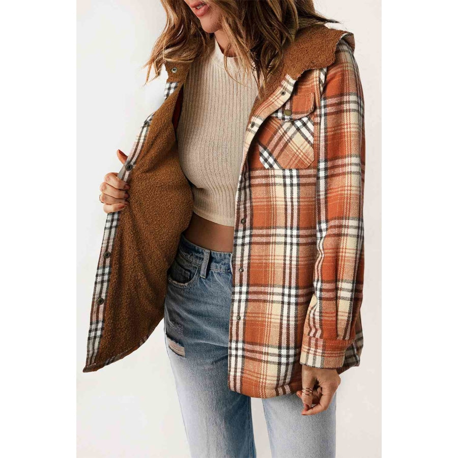 Plaid Snap Down Hooded Jacket Clothing