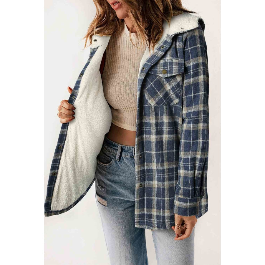 Plaid Snap Down Hooded Jacket Clothing