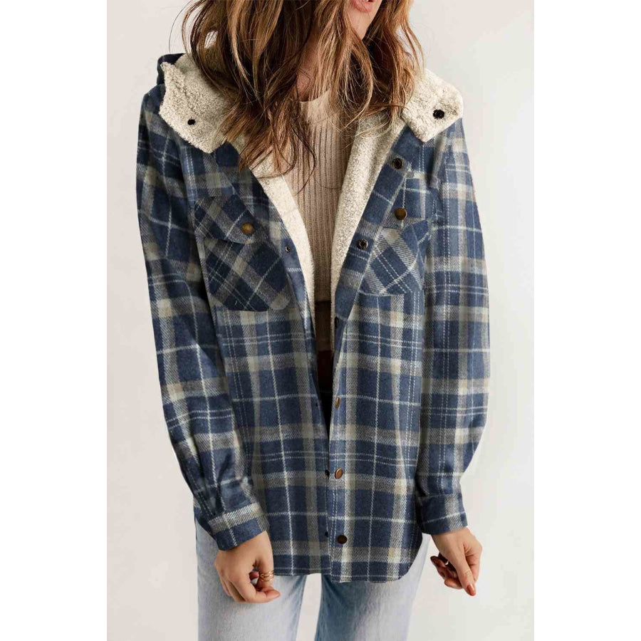 Plaid Snap Down Hooded Jacket Clothing