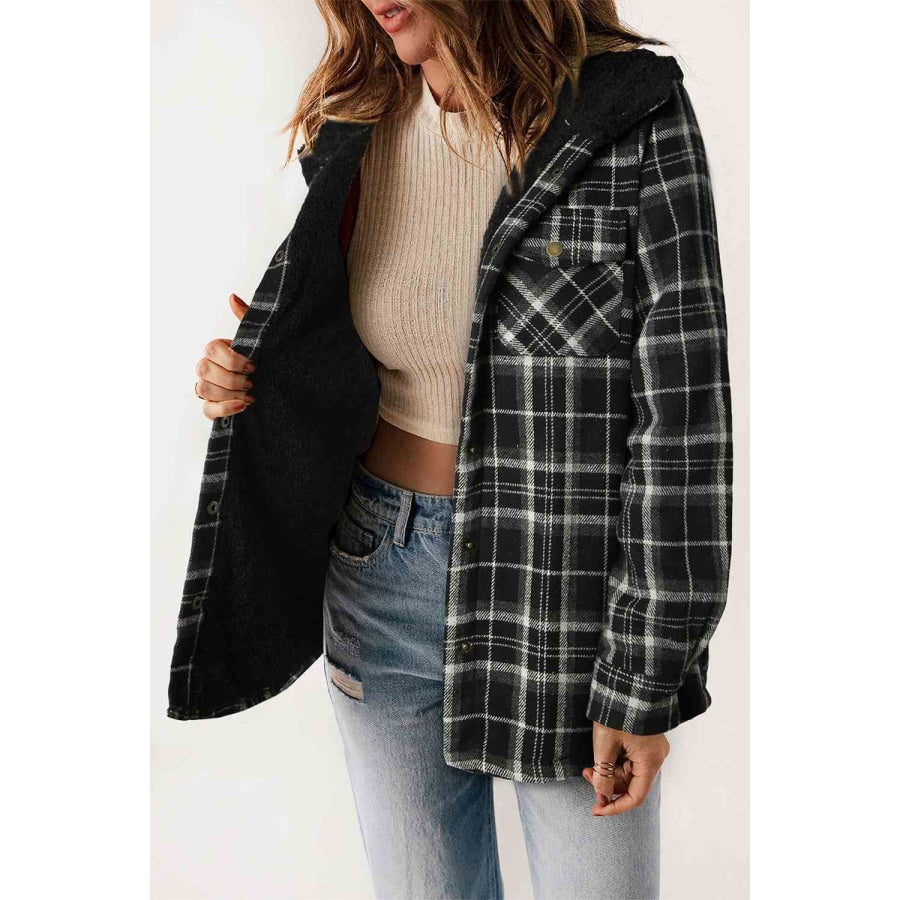 Plaid Snap Down Hooded Jacket Clothing