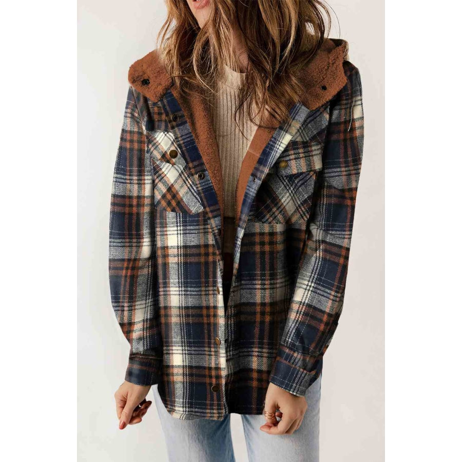 Plaid Snap Down Hooded Jacket Clothing