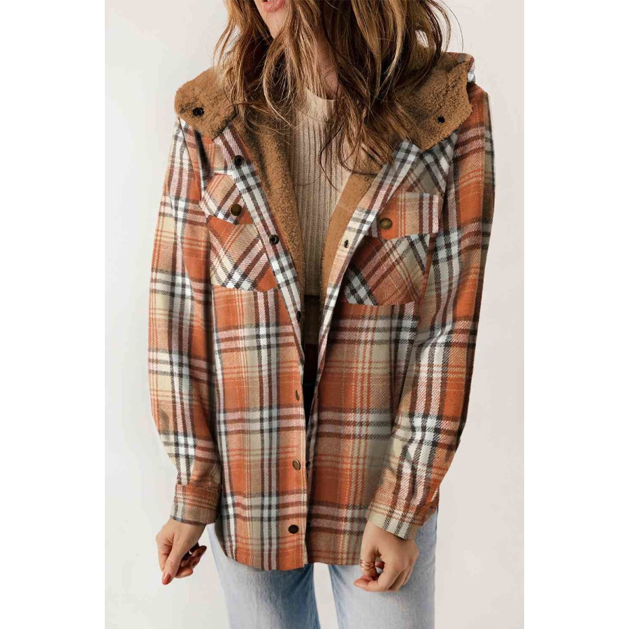 Plaid Snap Down Hooded Jacket Clothing