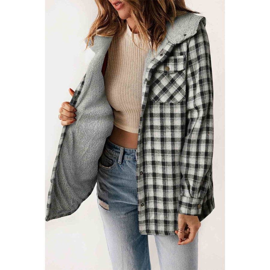 Plaid Snap Down Hooded Jacket Clothing