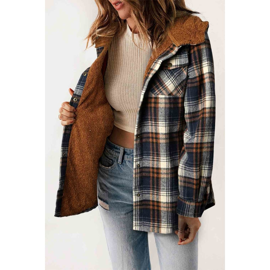 Plaid Snap Down Hooded Jacket Clothing