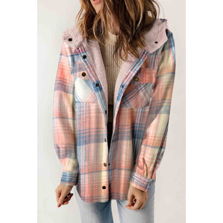 Plaid Snap Down Hooded Jacket Clothing