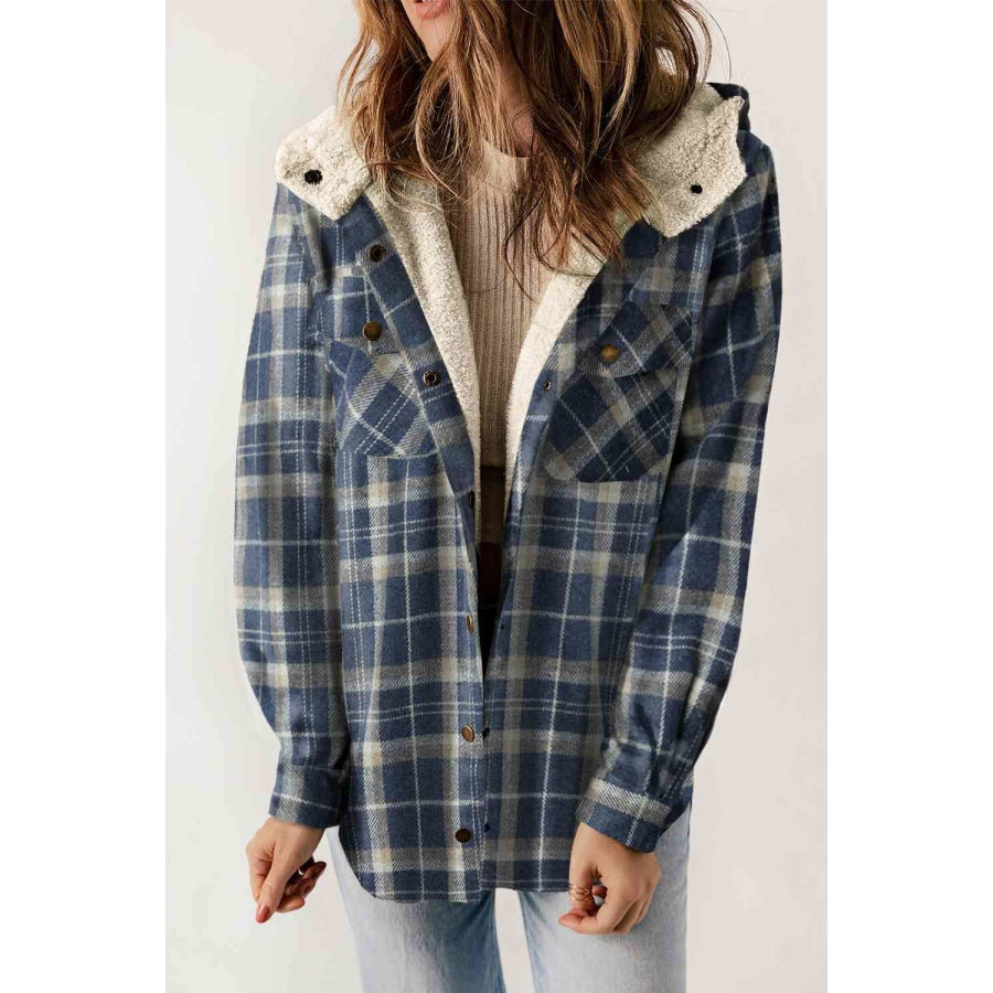 Plaid Snap Down Hooded Jacket Clothing