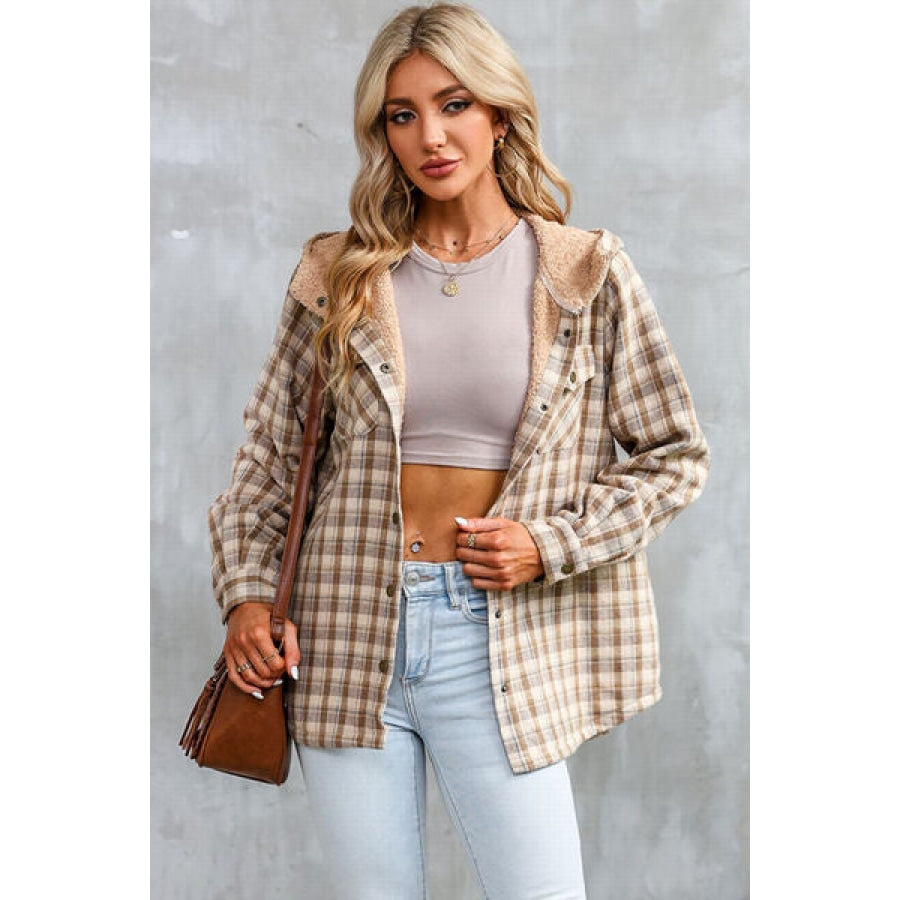 Plaid Snap Down Hooded Jacket Clothing