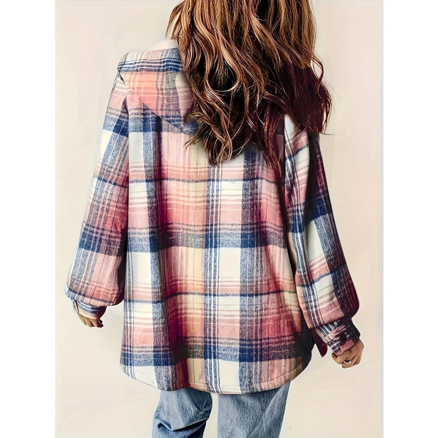 Plaid Snap Down Long Sleeve Hooded Outerwear Apparel and Accessories