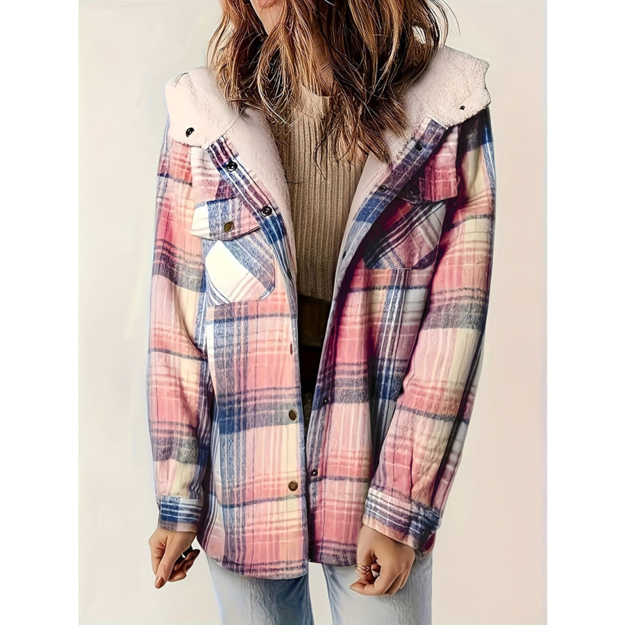 Plaid Snap Down Long Sleeve Hooded Outerwear Blush Pink / S Apparel and Accessories