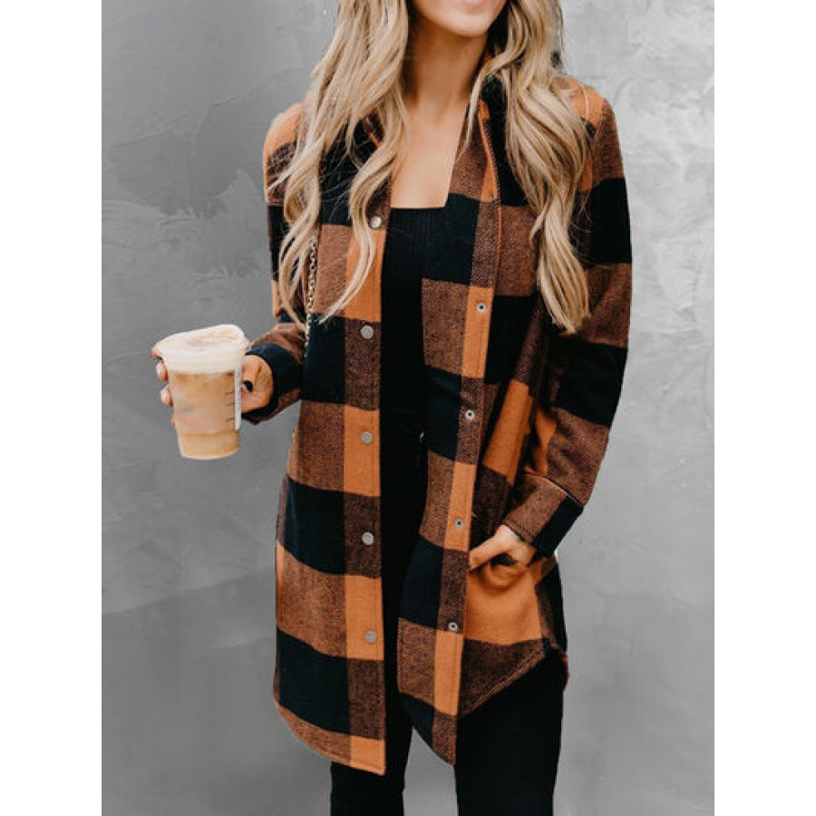 Plaid Snap Down Long Sleeve Jacket Apparel and Accessories