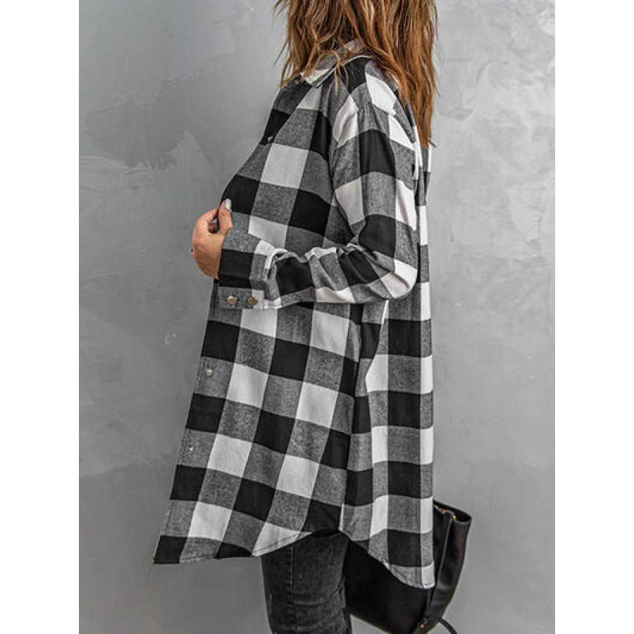 Plaid Snap Down Long Sleeve Jacket Apparel and Accessories