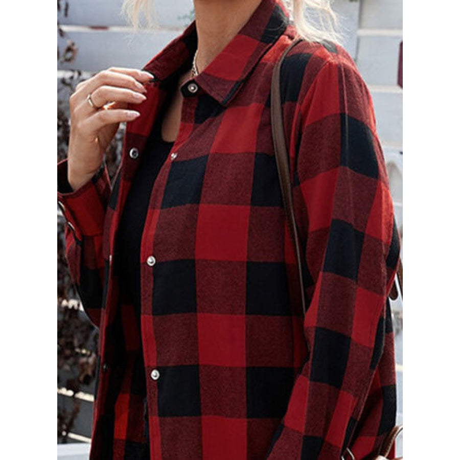 Plaid Snap Down Long Sleeve Jacket Apparel and Accessories