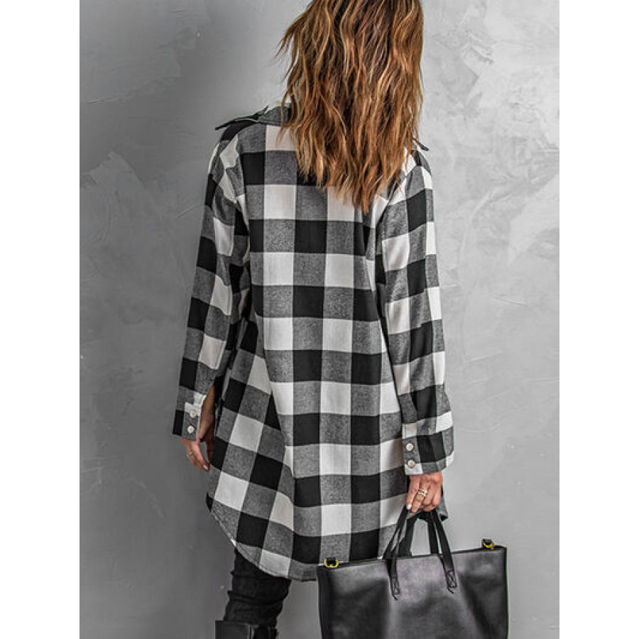 Plaid Snap Down Long Sleeve Jacket Black / S Apparel and Accessories