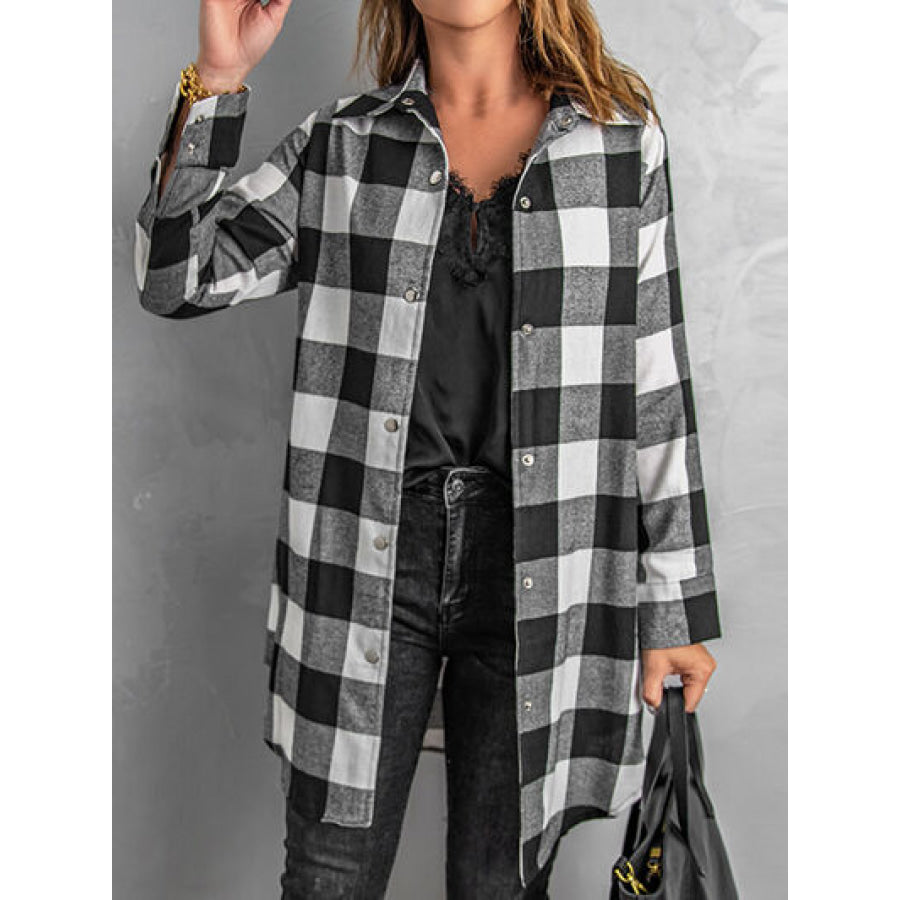 Plaid Snap Down Long Sleeve Jacket Black / S Apparel and Accessories