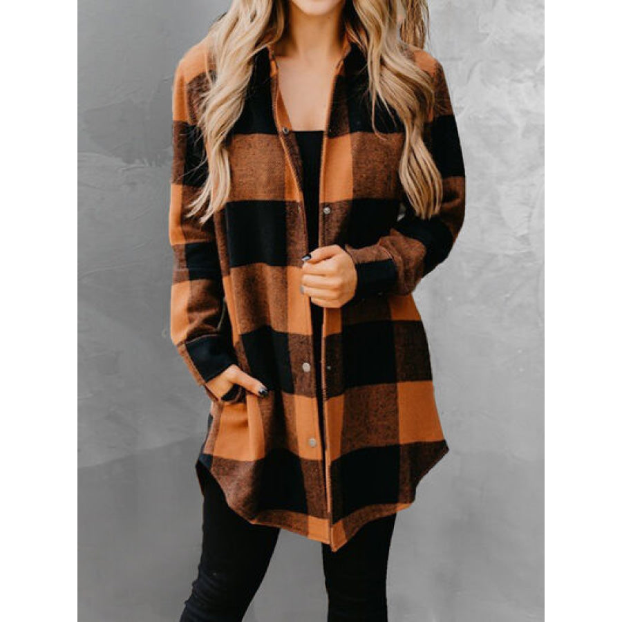 Plaid Snap Down Long Sleeve Jacket Ochre / S Apparel and Accessories