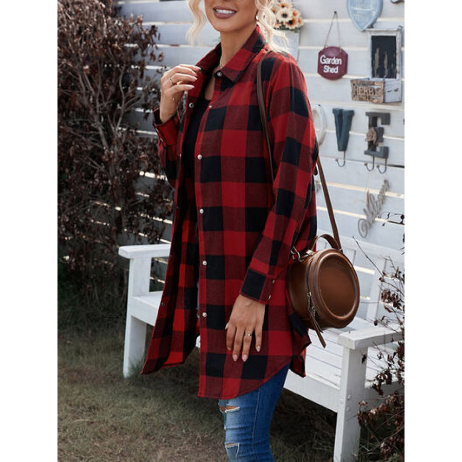 Plaid Snap Down Long Sleeve Jacket Wine / S Apparel and Accessories