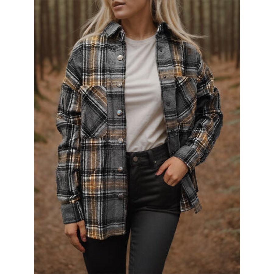 Plaid Snap Down Long Sleeve Shacket Charcoal / S Clothing