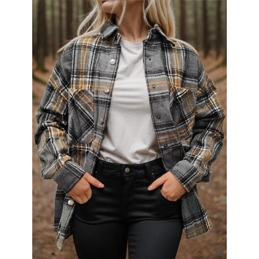 Plaid Snap Down Long Sleeve Shacket Clothing