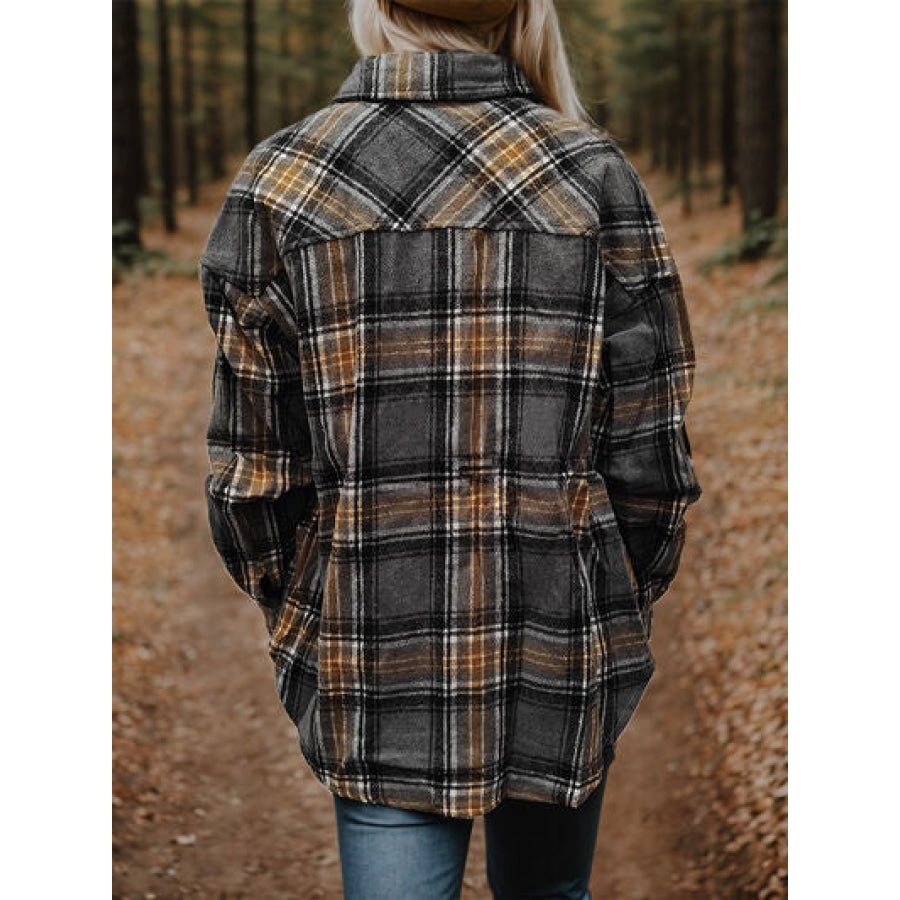 Plaid Snap Down Long Sleeve Shacket Clothing