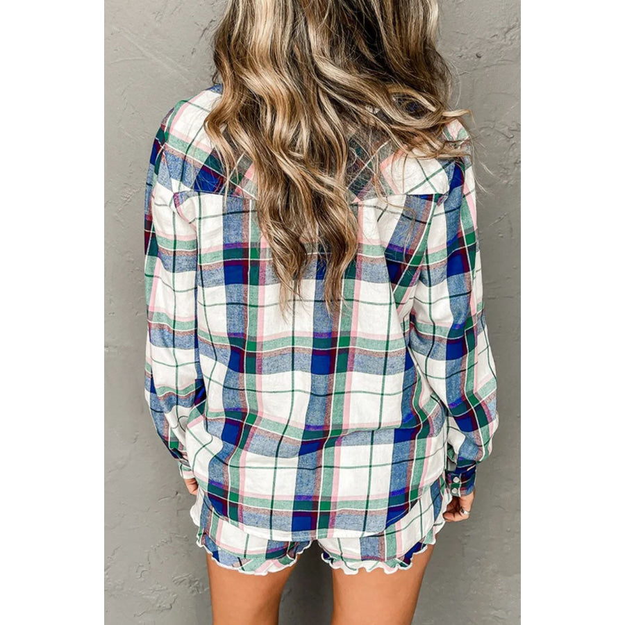 Plaid Snap Down Long Sleeve Top and Shorts Lounge Set Apparel and Accessories