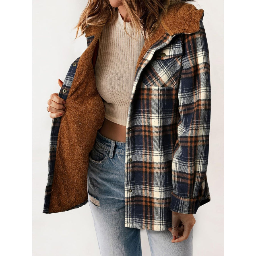 Plaid Snap Down Plush Hooded Jacket Apparel and Accessories